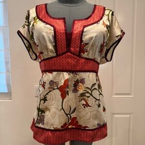 Lane Bryant Top NWOT Blouse plus size 2X waist ties reds creams greens tans